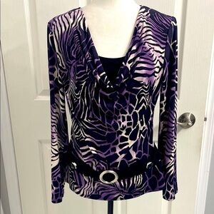 Frank Lyman Design Purple Zebra Print Cowl Neck Blouse Long Sleeve Sz 12
